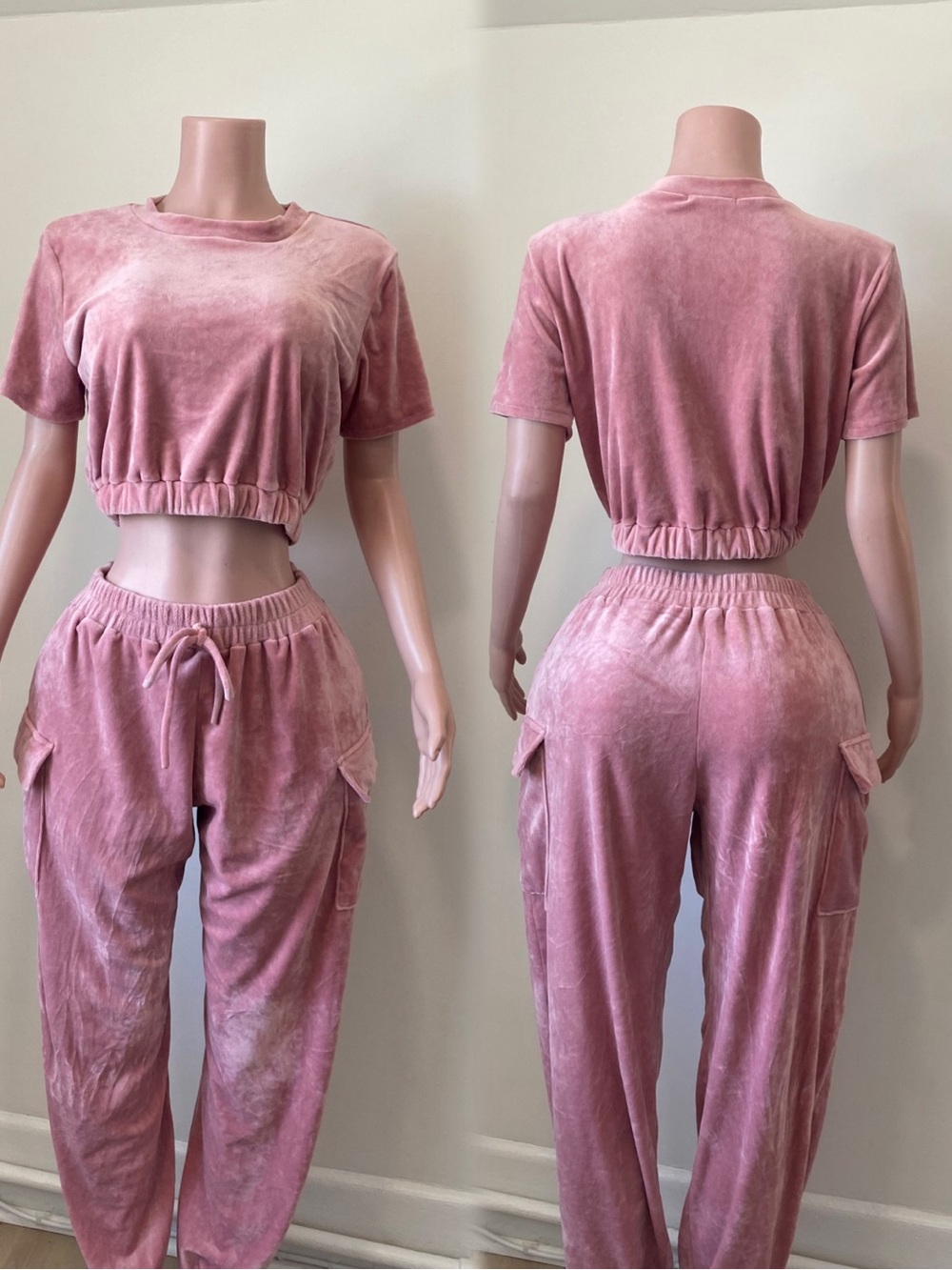 Velour Cropped Tee & Cargo Joggers Set - Pink